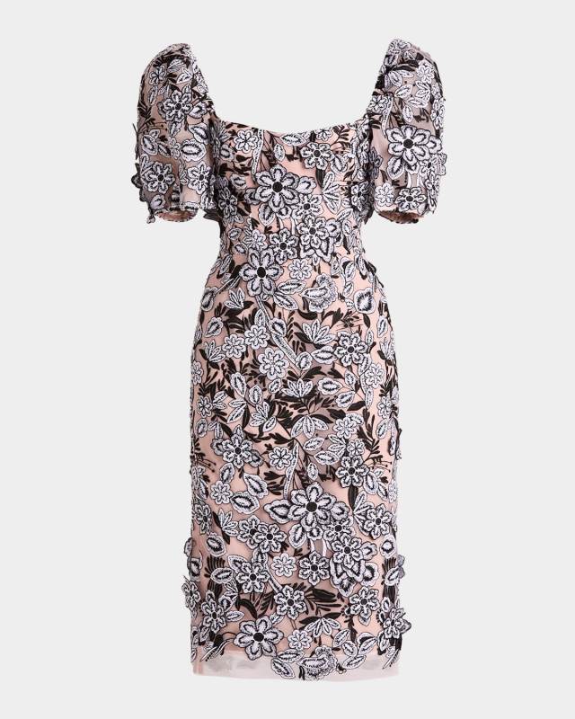 Exclusive Lucia Embroidered Puff-Sleeve Midi Dress